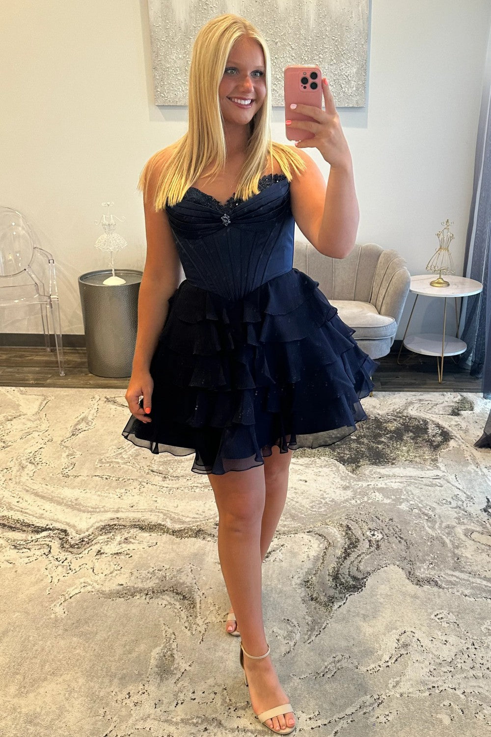 Lovely A-Line Corset Homecoming Dress with Lace Trim and Tiered Ruffle Skirt