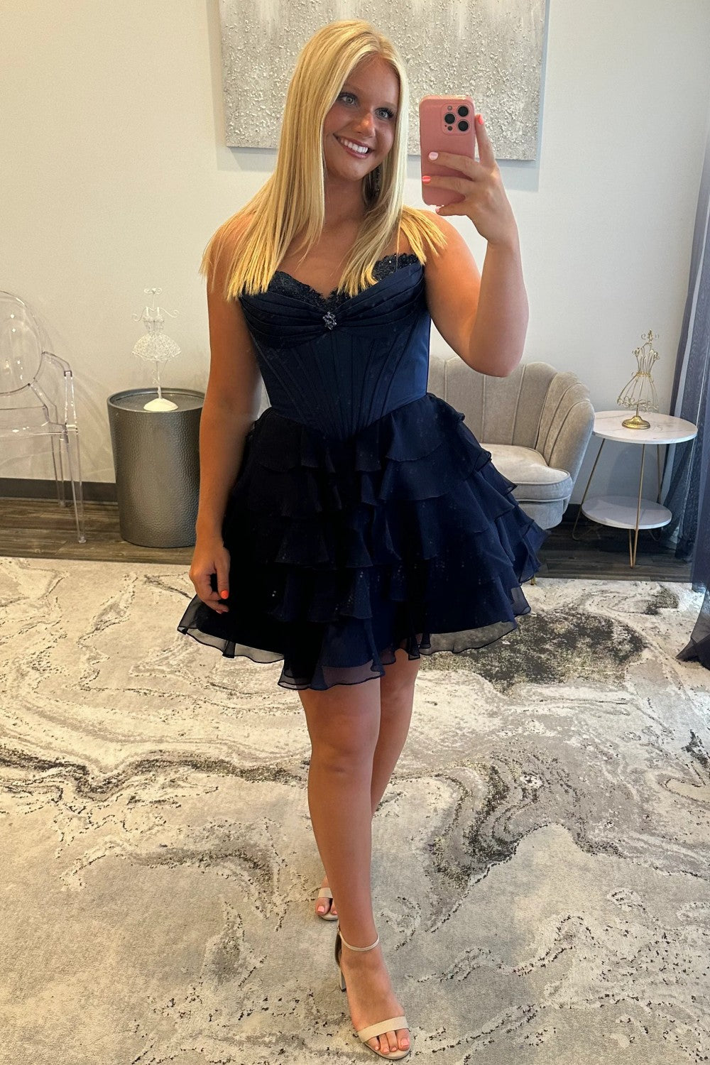 Lovely A-Line Corset Homecoming Dress with Lace Trim and Tiered Ruffle Skirt