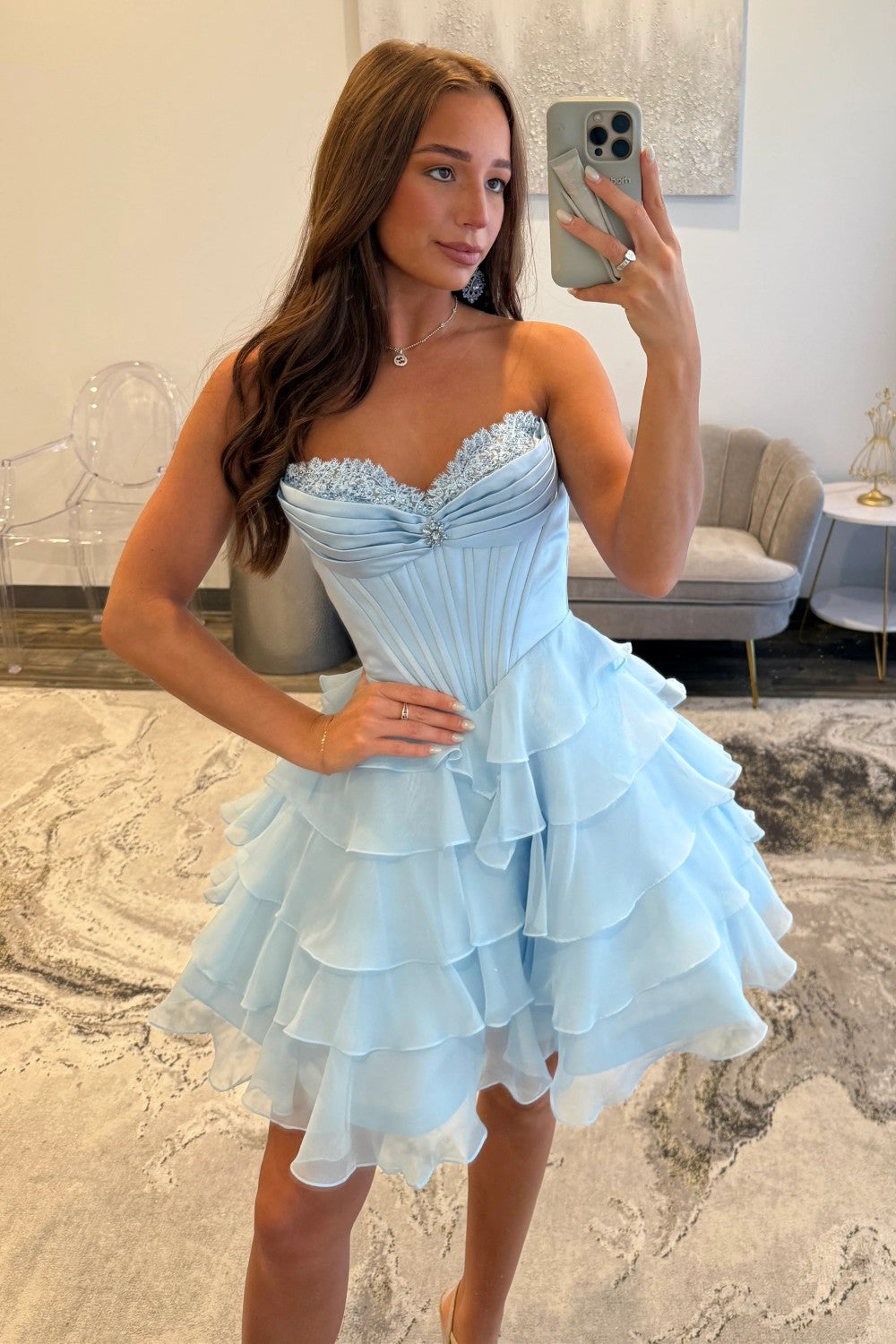 Lovely A-Line Corset Homecoming Dress with Lace Trim and Tiered Ruffle Skirt