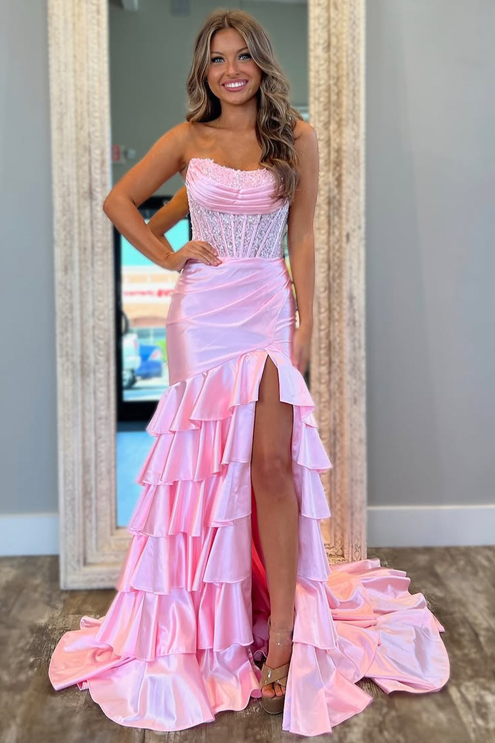 Chic Mermaid Prom Dress in Light Blue with Strapless Satin Bodice and Ruffled Skirt