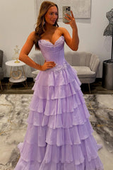 Lovely Sweetheart A-Line Corset Ruffle Prom Dress with High Slit and Appliques
