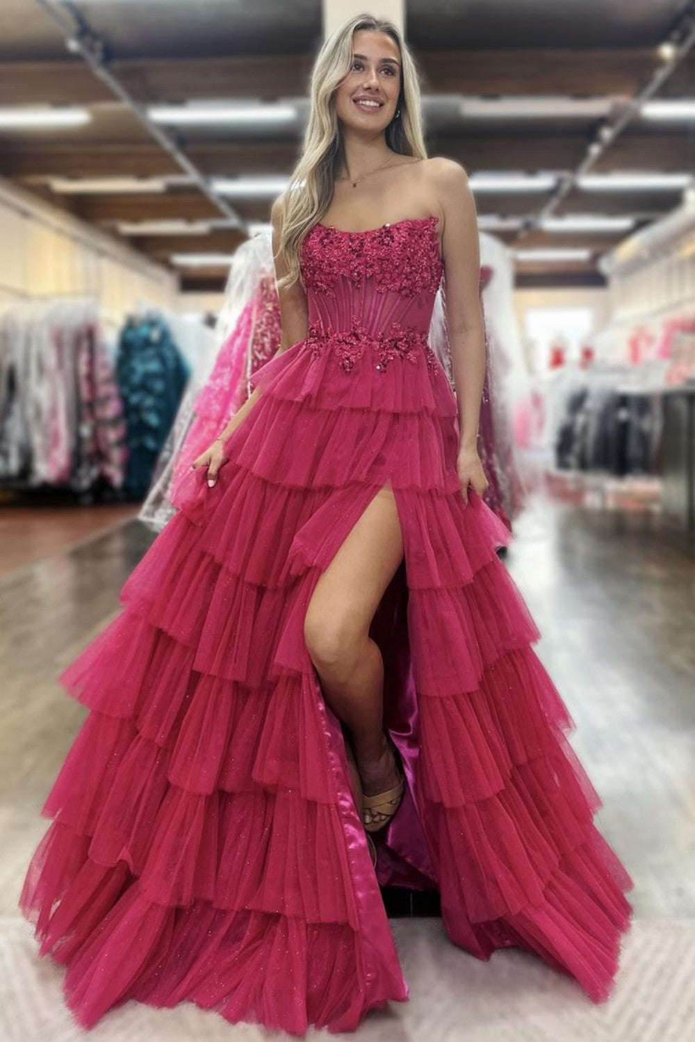 Lovely A-Line Strapless Lace Top Corset Prom Dress with Layered Tulle Skirt