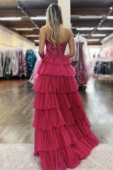 Lovely A-Line Strapless Lace Top Corset Prom Dress with Layered Tulle Skirt