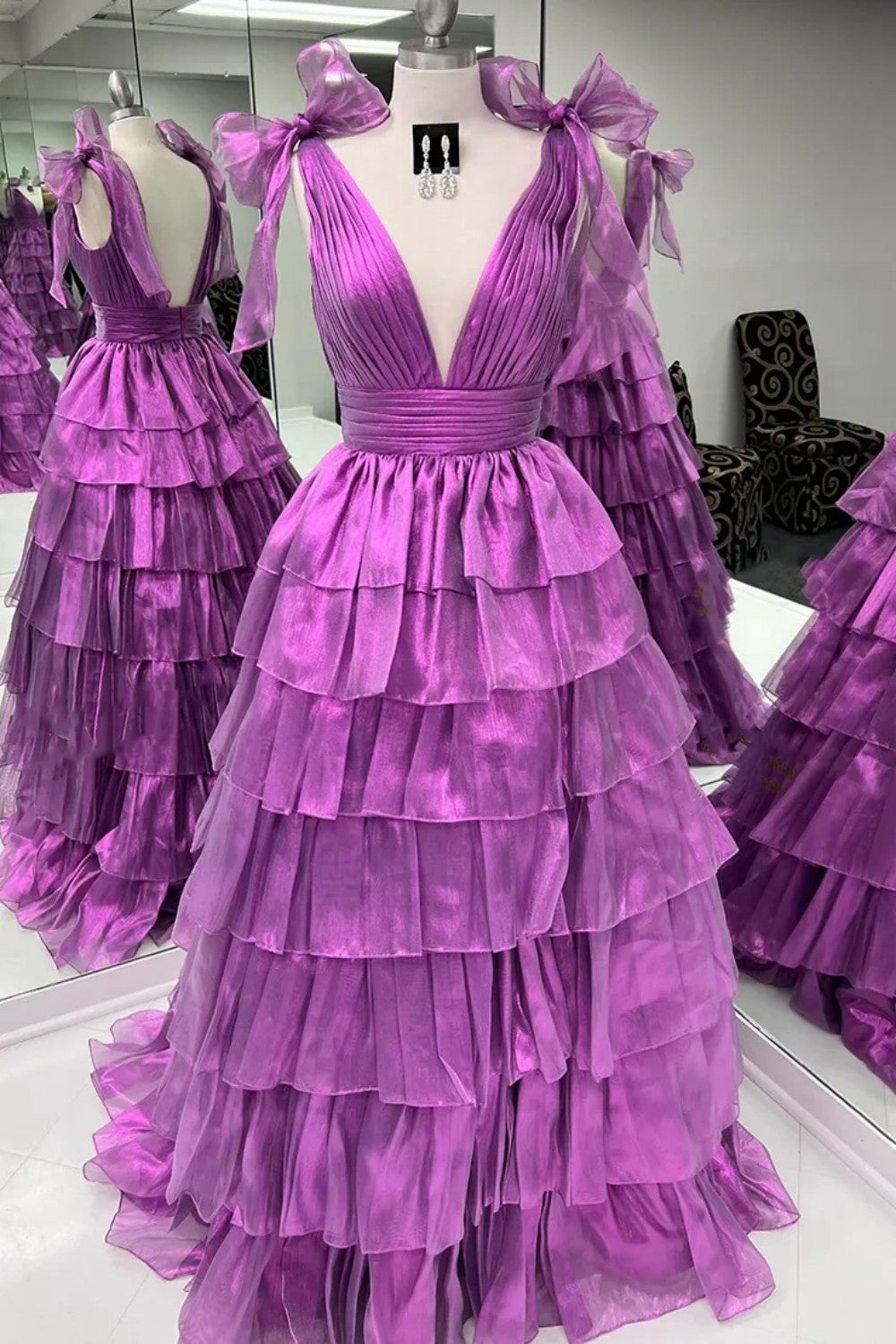 Princess A-Line Deep V-Neck Pink Long Tulle Prom Dress with Ruffles Slit