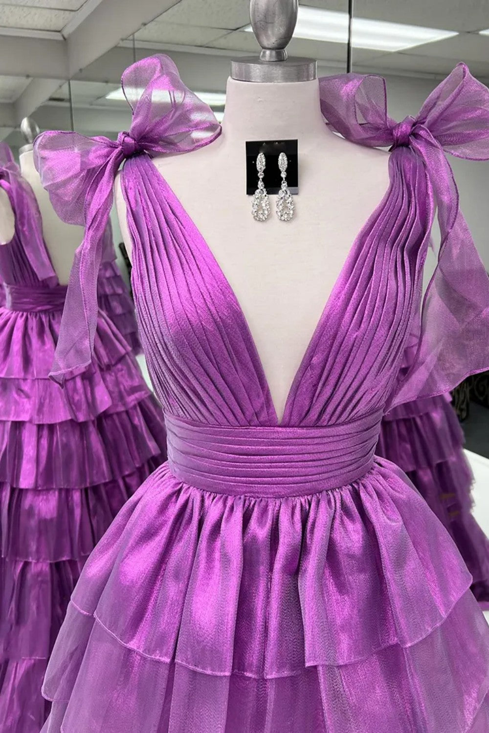 Princess A-Line Deep V-Neck Pink Long Tulle Prom Dress with Ruffles Slit