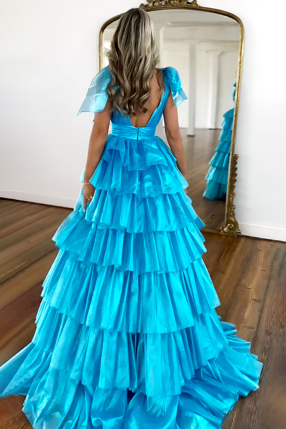 Princess A-Line Deep V-Neck Pink Long Tulle Prom Dress with Ruffles Slit