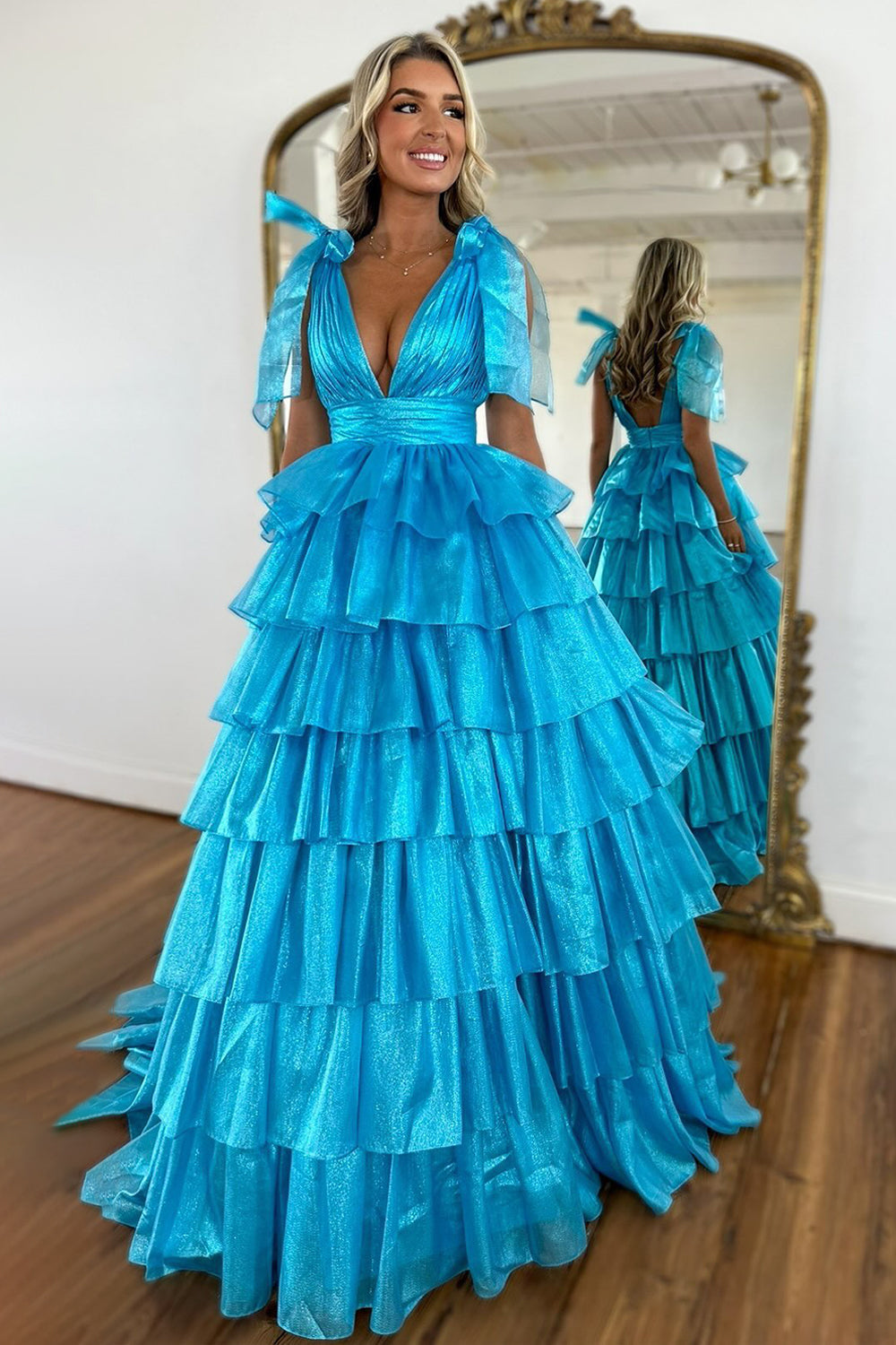 Princess A-Line Deep V-Neck Pink Long Tulle Prom Dress with Ruffles Slit