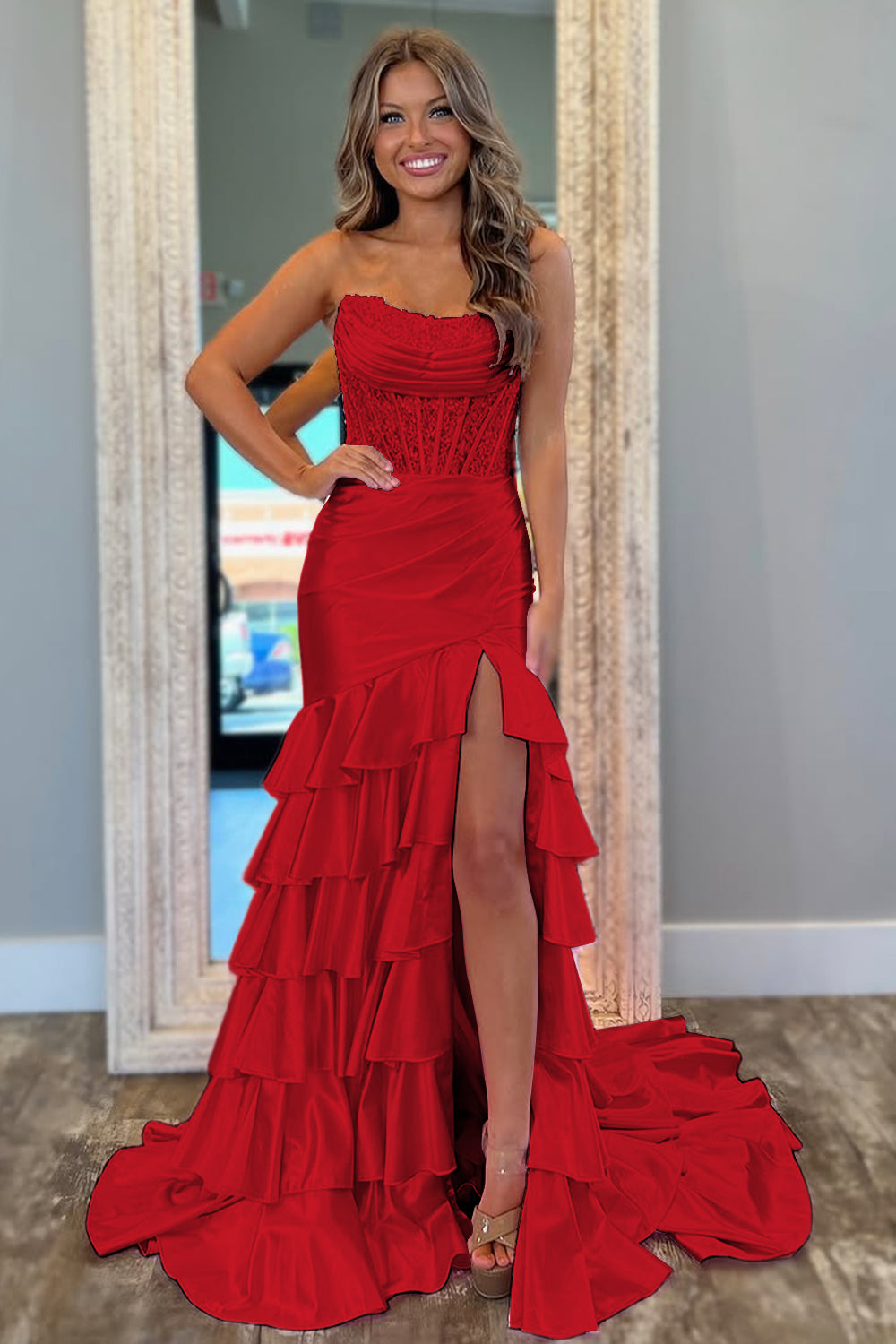 Chic Mermaid Prom Dress in Light Blue with Strapless Satin Bodice and Ruffled Skirt