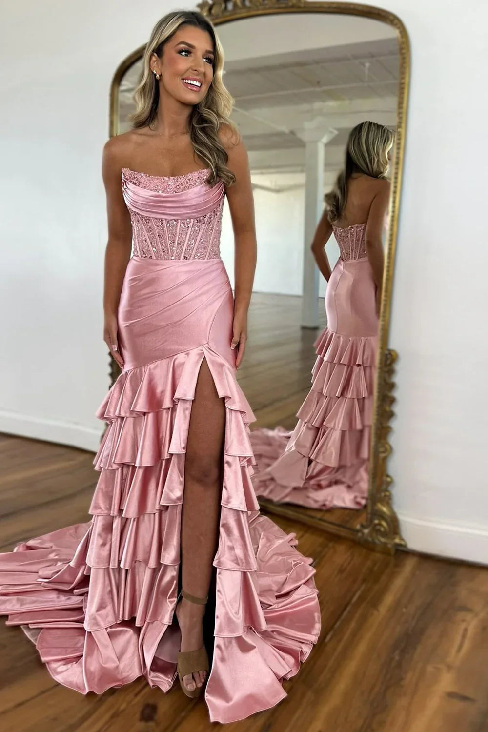 Chic Mermaid Prom Dress in Light Blue with Strapless Satin Bodice and Ruffled Skirt