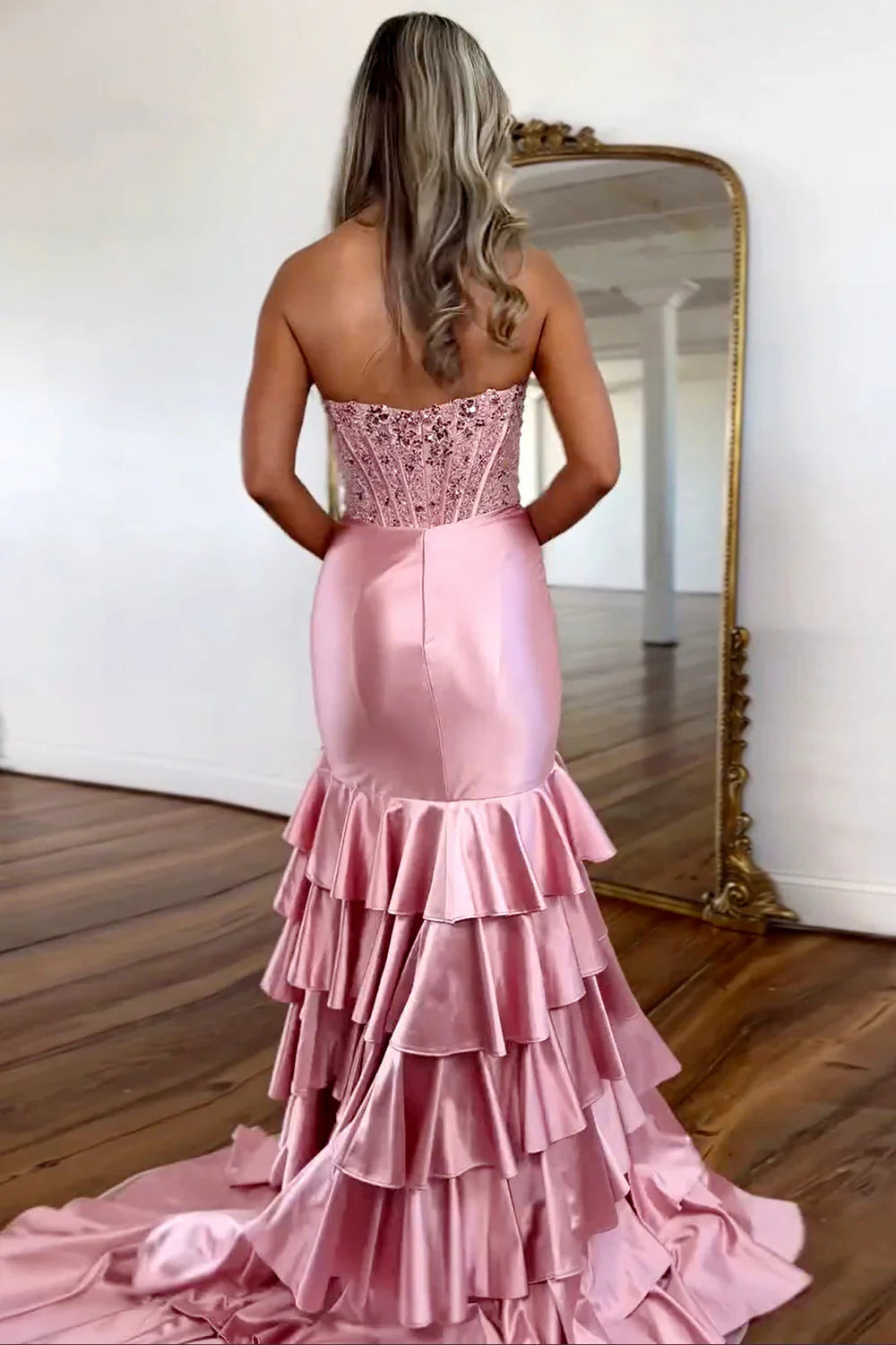 Chic Mermaid Prom Dress in Light Blue with Strapless Satin Bodice and Ruffled Skirt