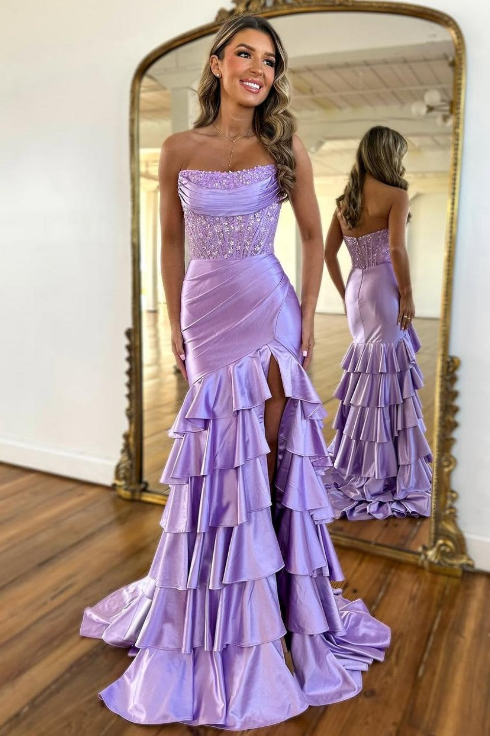 Chic Mermaid Prom Dress in Light Blue with Strapless Satin Bodice and Ruffled Skirt