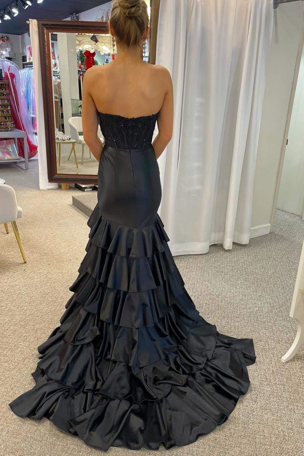 Chic Mermaid Prom Dress in Light Blue with Strapless Satin Bodice and Ruffled Skirt