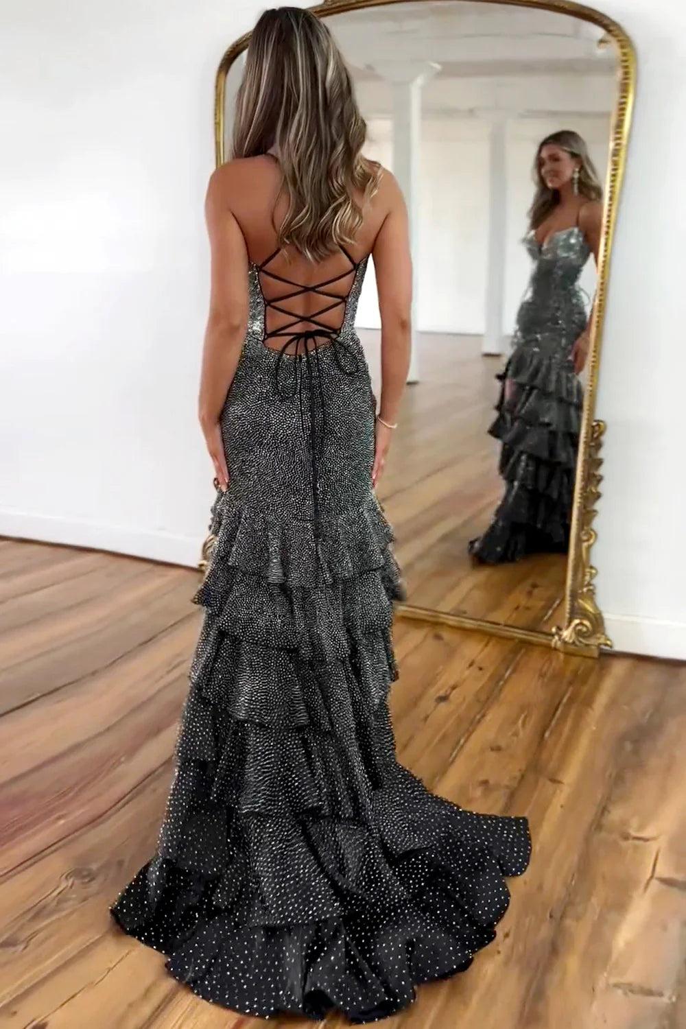 Furlla Women Luxurious Black Beaded Mermaid Prom Dress with Lace Up Corset and Thigh Slit Furlla Official Furlla Women Luxurious Black Beaded Mermaid Prom Dress with Lace Up Corset and Thigh Slit Furlla Official