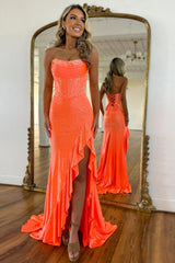 Luxurious Hot Pink Glitter Mermaid Strapless Long Beaded Prom Dress With Leg Slit