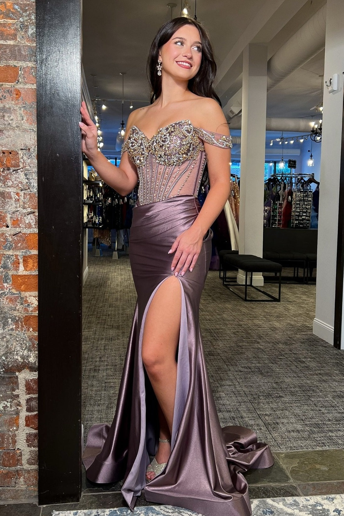 Luxurious Mermaid Off the Shoulder Grey Purple Corset Prom Dress with Beading