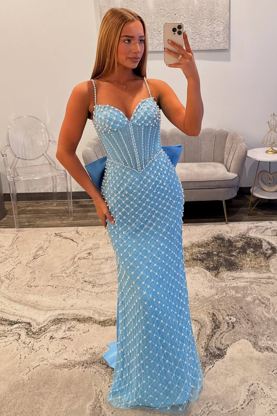Furlla Women Blue Corset Prom Dress Luxurious Mermaid Spaghetti Straps