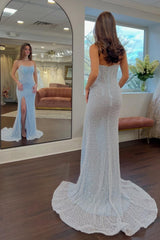 Luxurious Mermaid Strapless Light Blue Corset Prom Dress with Pearls Split Front