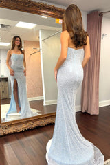 Luxurious Mermaid Strapless Light Blue Corset Prom Dress with Pearls Split Front