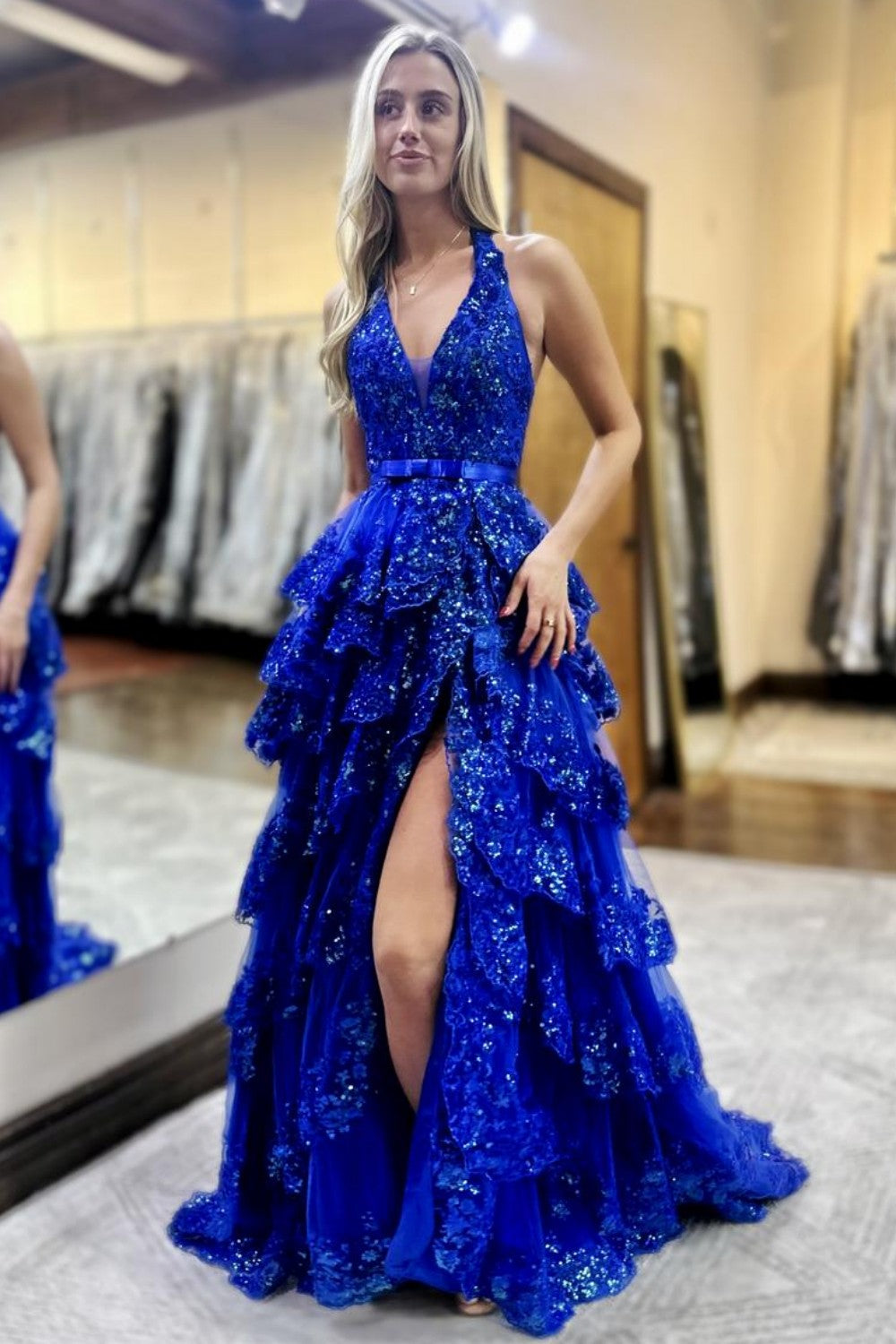 Luxurious Royal Blue Halter Neck Backless Ruffled Sequin Prom Dress with Slit