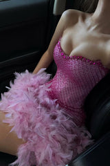 Luxurious Sparkly Beaded Top Short Tight Homecoming Dress with Feather