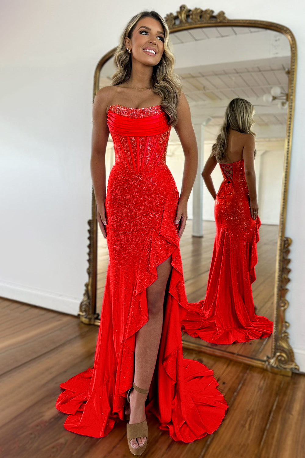 Sparkly Orange Mermaid Prom Dress with Strapless Bodice Lace Up Closure and Beaded Slit