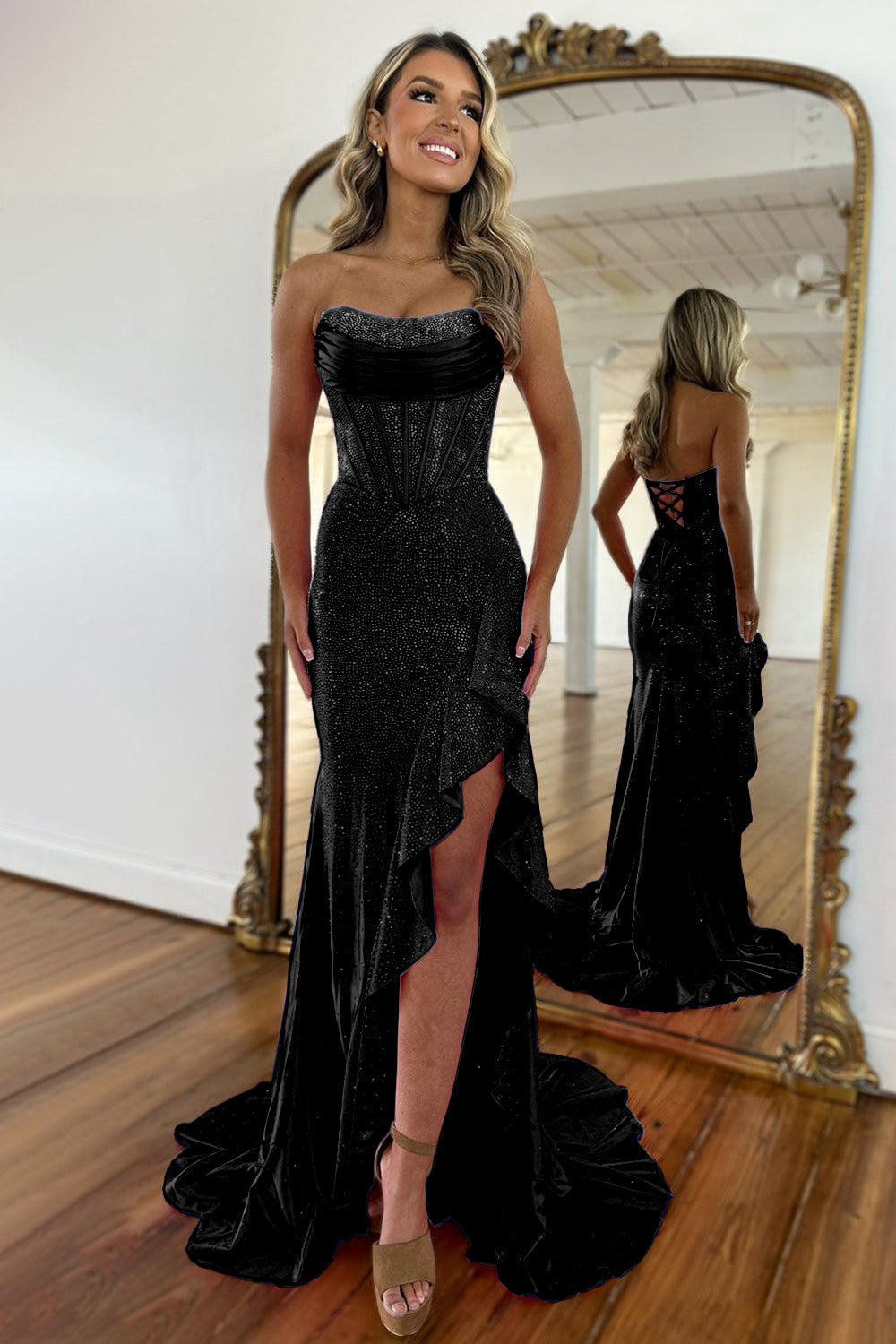 Sparkly Orange Mermaid Prom Dress with Strapless Bodice Lace Up Closure and Beaded Slit