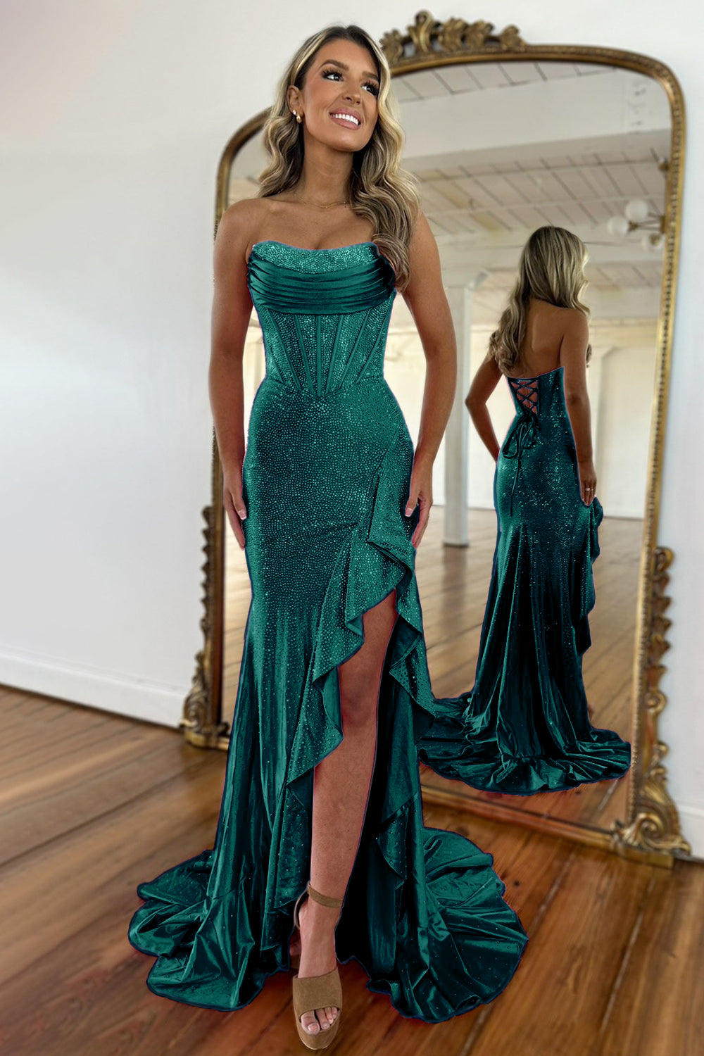 Sparkly Orange Mermaid Prom Dress with Strapless Bodice Lace Up Closure and Beaded Slit