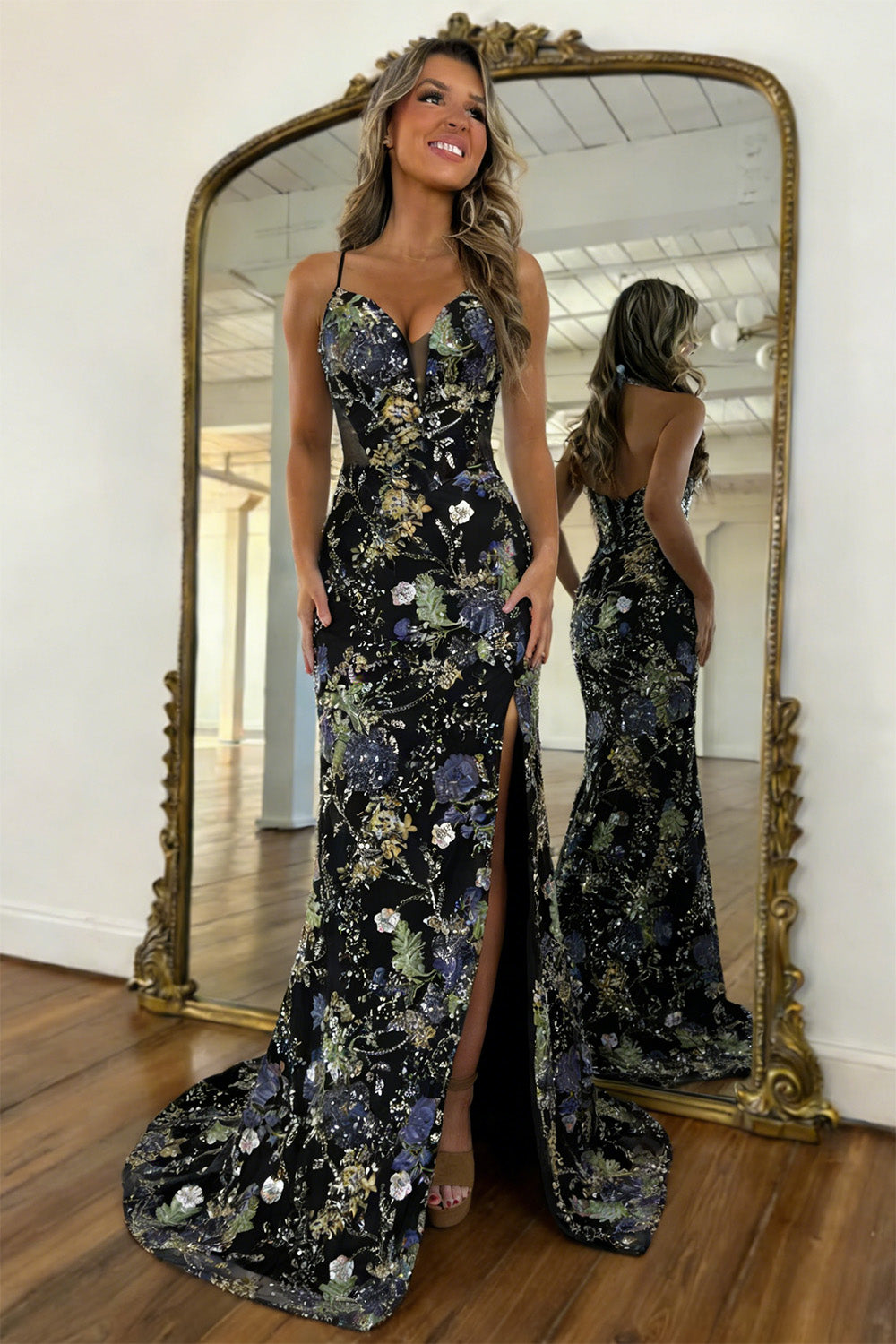 Luxury Black Floral Lace Up Sequin Prom Dress with Deep V Neck and Slit