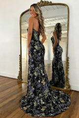 Luxury Black Floral Lace Up Sequin Prom Dress with Deep V Neck and Slit