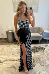 Luxury Black Pearls Spaghetti Straps Prom Dress with Statement Bow and High Slit