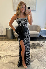 Luxury Black Pearls Spaghetti Straps Prom Dress with Statement Bow and High Slit