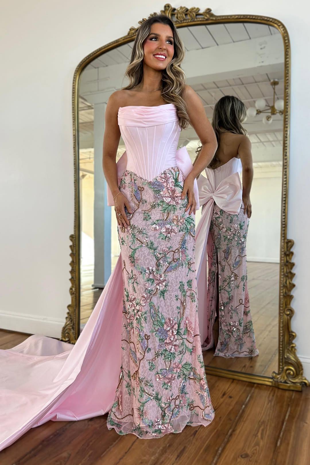 Luxury Blush Pink Strapless Prom Gown with Corset Bodice Floral Sequin Detail & Train