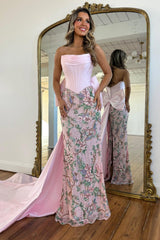Luxury Blush Pink Strapless Prom Gown with Corset Bodice Floral Sequin Detail & Train