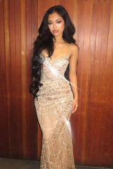 Luxury Champagne Crystal Beaded Mermaid Prom Dress with Spaghetti Straps