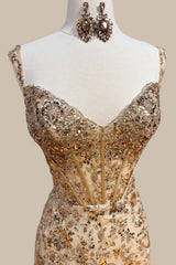 Luxury Gold Mermaid Prom Gown Featuring Sequin Corset Bodice and Tiered Ruffle Skirt
