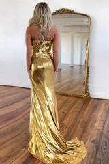 Luxury Gold Strapless Metallic Prom Dress with Mirror Top & Side Slit