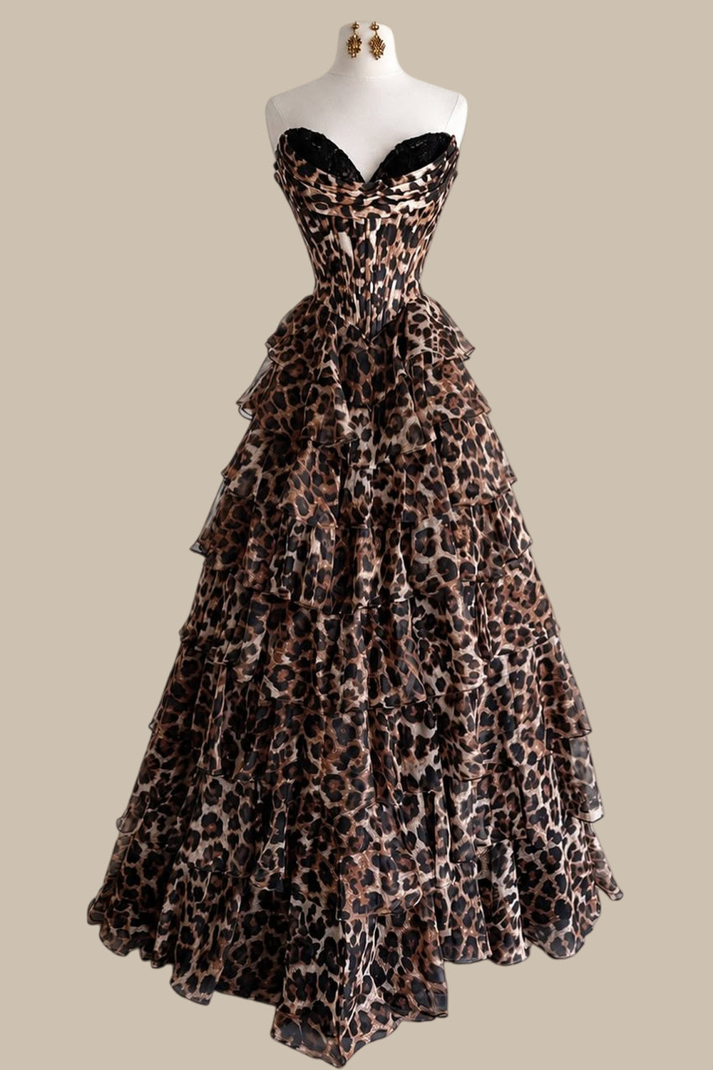 Luxury Leopard Print Strapless Prom Gown with Tiered Ruffle Skirt