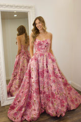 Luxury Pink Floral Jacquard Strapless Corset A-Line Prom Ball Gown