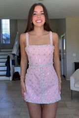 Luxury Pink Homecoming Dress with Sequin Floral Pattern and Beaded Edges