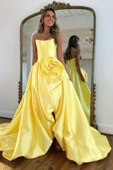 Luxury Strapless Corset Prom Gown with High Slit Skirt and Rosette Accent