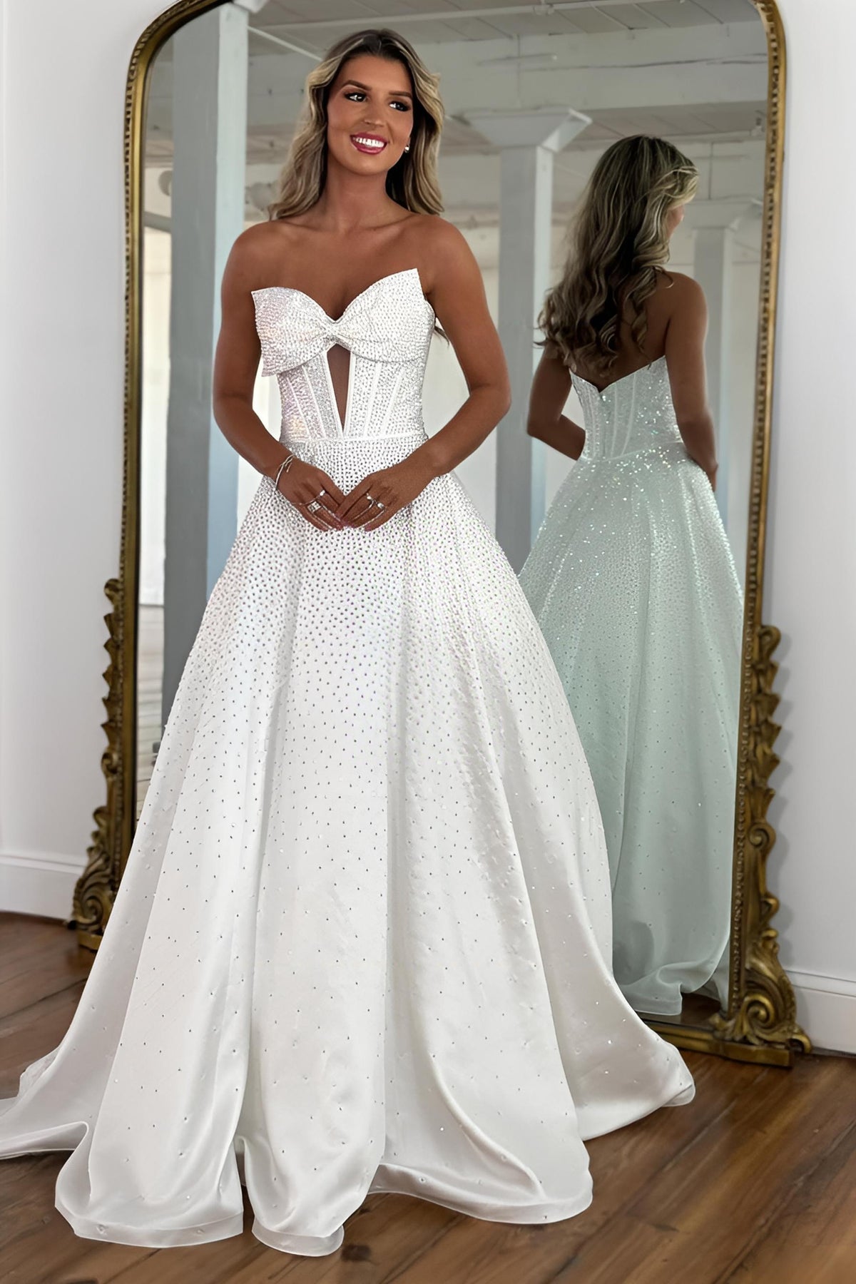 Luxury White Beaded Prom Dress with Structured Corset Bodice and Bow Front