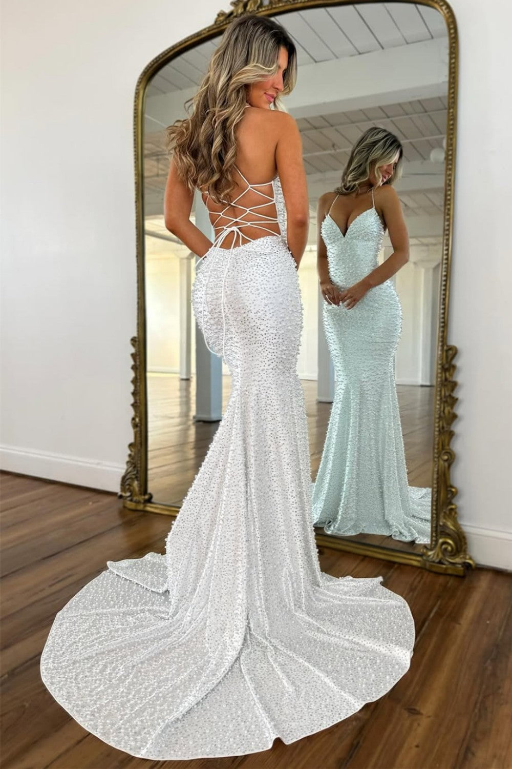 white beaded mermaid prom dress Zapakasa Women Sparkly White Beaded Long Corset Prom Dress with Sleeves  Tulle Mermaid Off the Shoulder Backless Formal Dress with Sequin main image 1