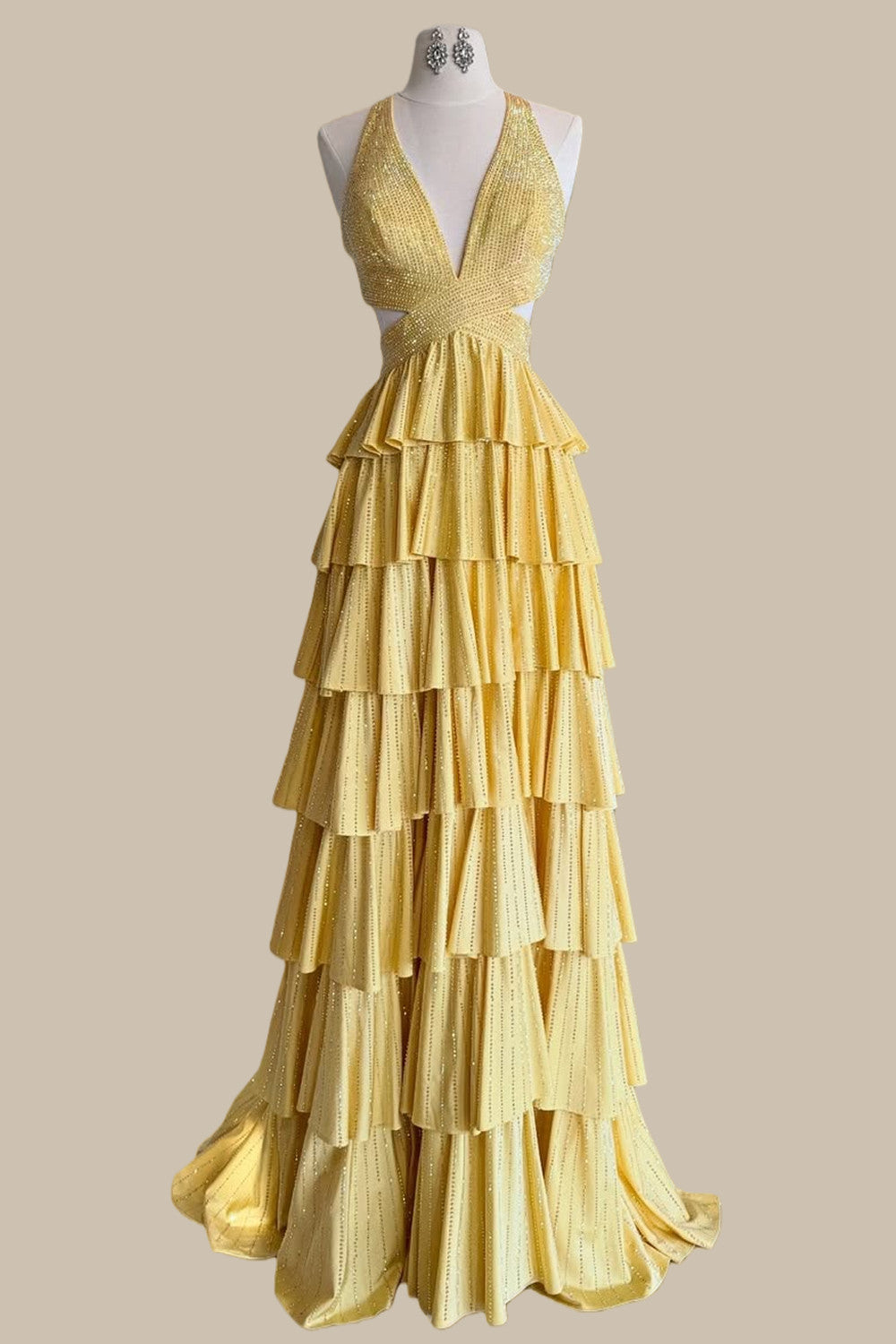Luxury Yellow Halter Formal Dress with Open Waist and Multi-Layer Ruffle Skirt