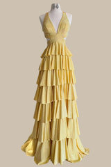 Luxury Yellow Halter Formal Dress with Open Waist and Multi-Layer Ruffle Skirt