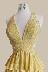 Luxury Yellow Halter Formal Dress with Open Waist and Multi-Layer Ruffle Skirt
