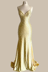 Luxury Yellow Pearls Spaghetti Strap Mermaid Prom Dress with Sparkling Beading Detail