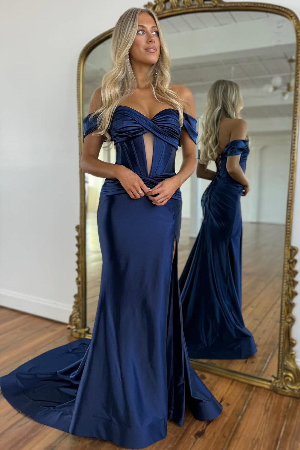 Mermaid Off the Shoulder Long Satin Gown with Slit Detail Prom Dress