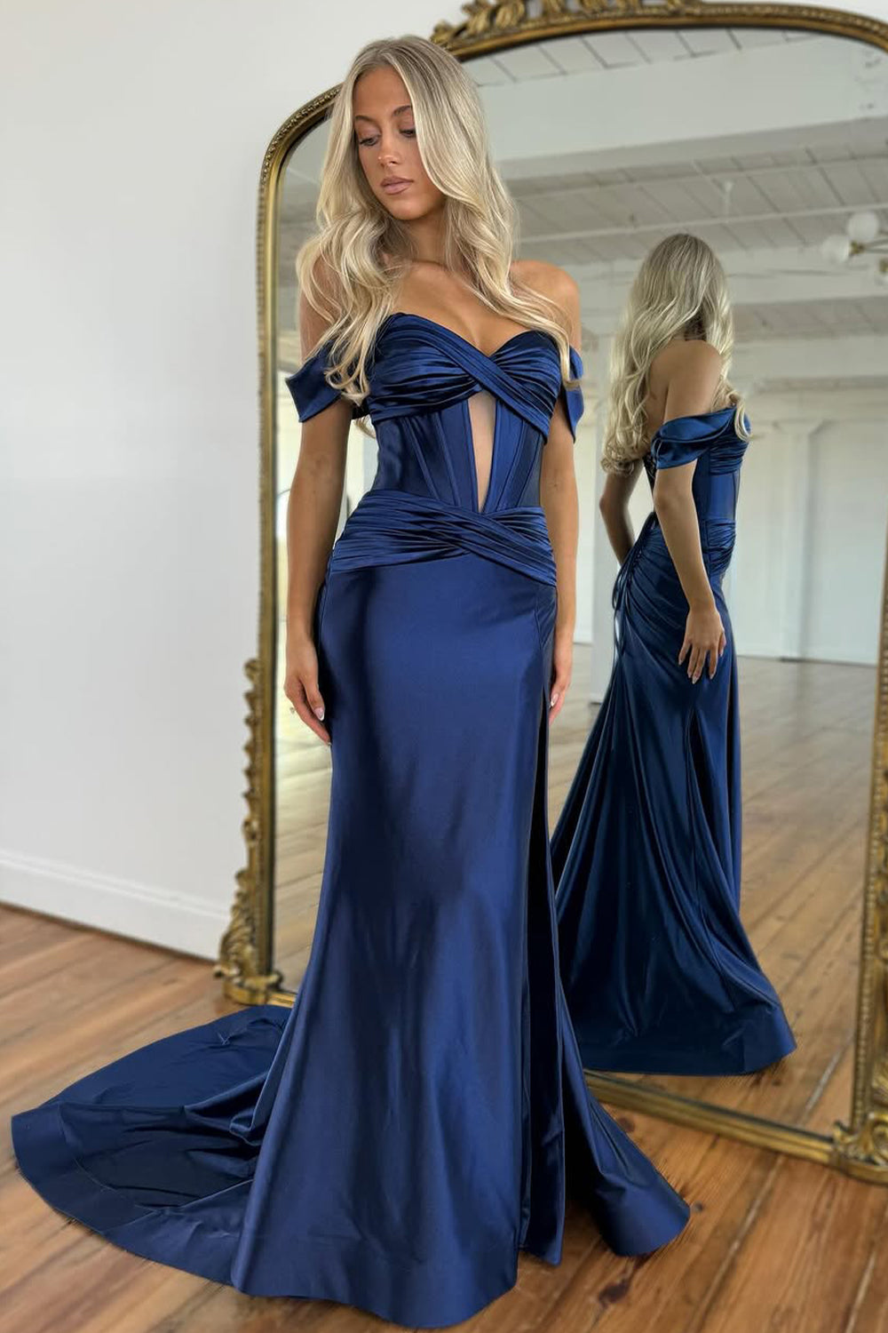 Mermaid Off the Shoulder Long Satin Gown with Slit Detail Prom Dress