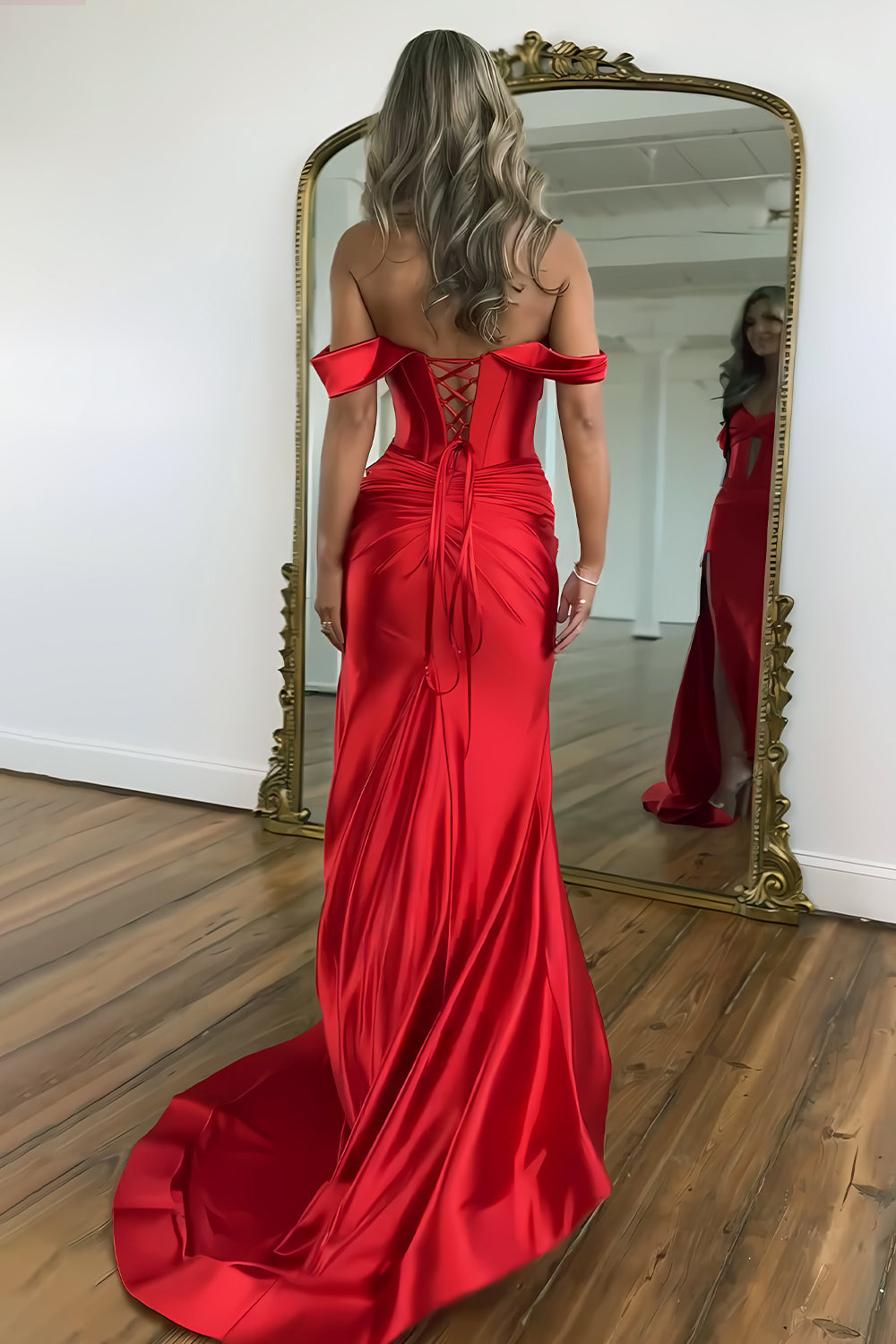 Mermaid Off the Shoulder Long Satin Gown with Slit Detail Prom Dress