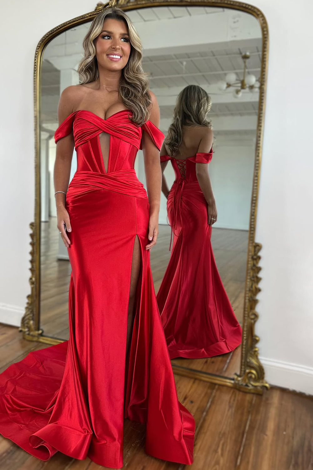 Mermaid Off the Shoulder Long Satin Gown with Slit Detail Prom Dress